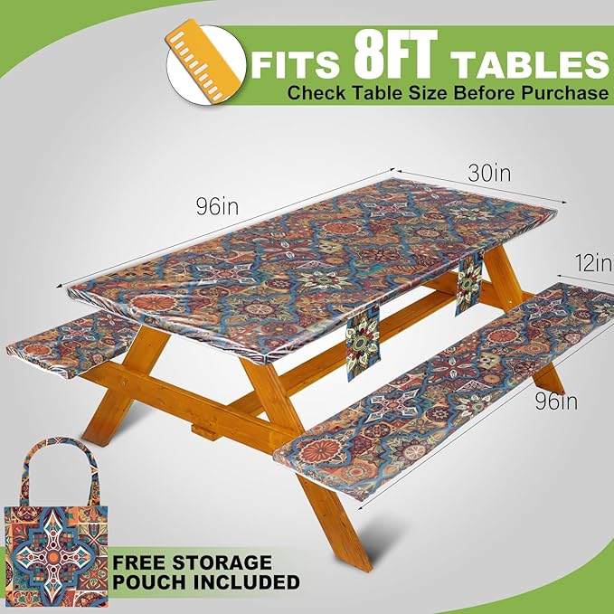 Fitted Picnic Table Cover with Bench Covers Waterproof Elastic Edges Rectangle Patio Tablecloth Outdoor Camping Essentials Stuff Rv Accessories Summer Travel Trip Camper Gifts for Woman Men, 96in 8 ft