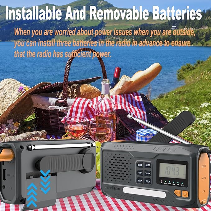 Emergency Hand Crank Radio, 7400mWh Solar Weather Radio with AM/FM/NOAA, Battery Powered Radio with Cell Phone Charger, Digital Display, Flashlight, Headphone Jack & SOS Alarm for Outdoor/Survival