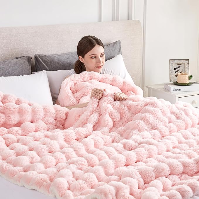 50x60 Inches Ultra-Soft Fuzzy Faux Fur Plush Throw Blanket - Thick, Warm Sherpa for Couch, Sofa, Bedroom, Camping - Decorative Blanket for Cozy Warmth, Bubble Pink