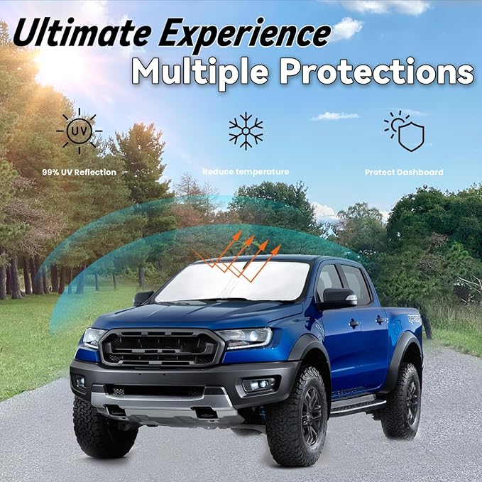 Windshield Sun Shade for 2019-2026 Ford Ranger (XL, XLT, Lariat), Car Front Window Sunshade with 240T Sun Visor Protector Blocks UV Rays Heat Sun Shield Accessories
