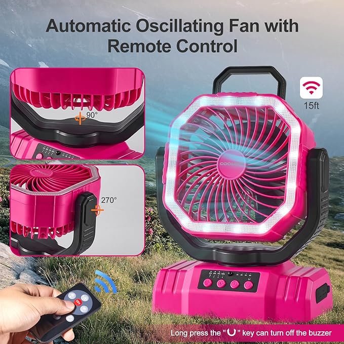 Odoland Portable Camping Fan with LED Lantern, 20000mAh Rechargeable Battery Powered Fan with Auto Oscillation, Timer, Remote, 360° Rotation Hook, 4 Speeds for Power Outage Travel Home,Pink