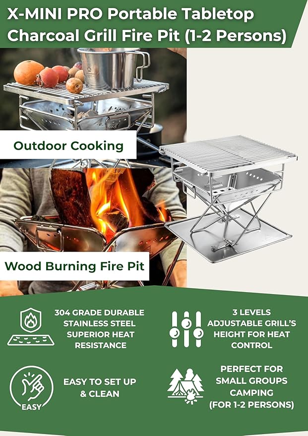 CAMPINGMOON X-MINI PRO Portable Charcoal Grill 9.65 Inch Stainless Steel Tabletop Grill Fire Pit 3 Level Adjustable Height Grill for Camping Outdoor Cooking Barbecue Carry Bag
