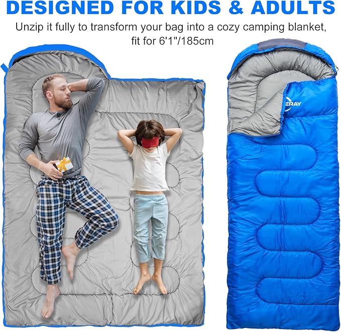 Sleeping Bags for Adults Cold Weather & Warm - Backpacking Camping Sleeping Bag for Kids 10-12, Girls, Boys - Lightweight Compact with Compression Sack