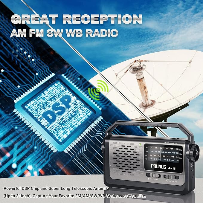 PRUNUS NOAA Weather AM FM Portable Radio,Battery Operated Radio by 3X D Cell Batteries or AC Power with Best Reception,Flashlight, Earphone Jack for Emergency Household&Outdoor,Plug in Wall by J15WB