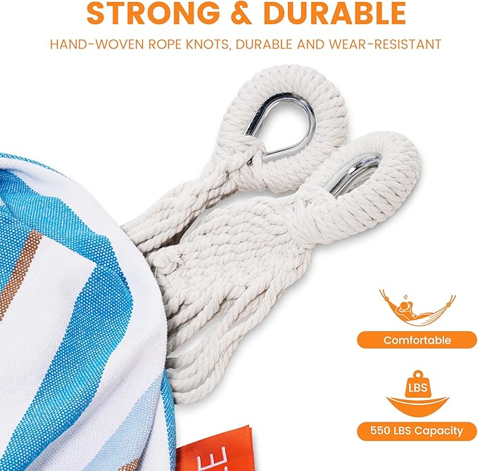 Lazy Daze Hammocks Double Brazilian Cotton Hammock, Extra Large Portable Outdoor Camping Hammock with Tree Straps & Travel Bag for Backyard Patio Poolside Indoor, 550lbs Capacity, Blue & Light Gray