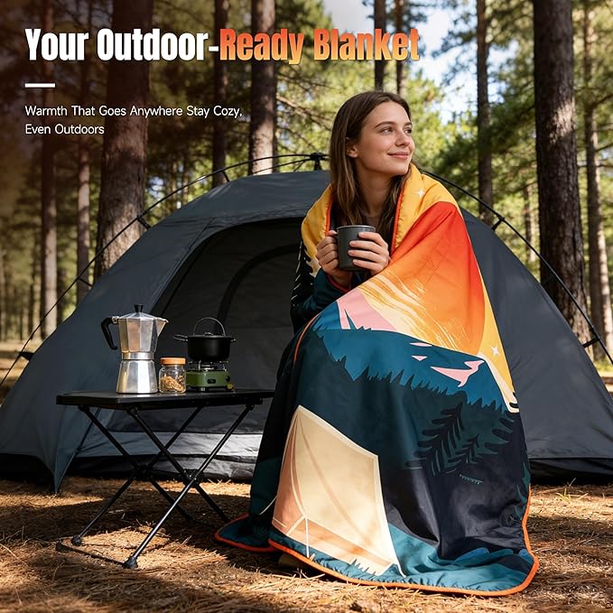 Tirrinia Waterproof Outdoor Blanket, Warm Windproof Stadium Blankets with Sherpa Lining, Foldable Camping Blanket, Emergency Blanket with Mountain Landscape Design for Car, Beach, Picnic, Hiking