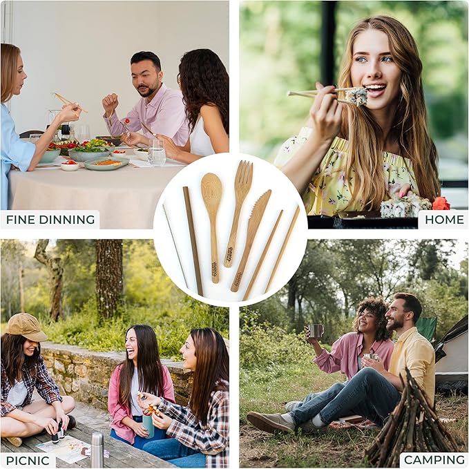 Travel Utensils with Case Set Fork, Knife, Spoon, Chopsticks, Straw, Straw-cleaning brush, Travel Pouch and Carabiner, Excellent For Everyday Use! ((2 Sets) Sunset Red/Sunrise Yellow)