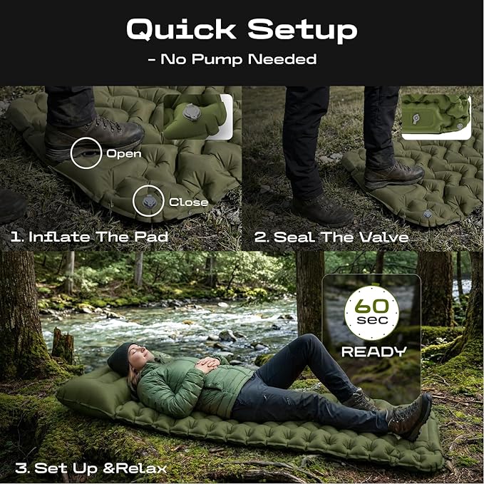 CKG Camping Sleeping Pad with Thermal Barrier, Ultralight Camping Mat 4in Thick with Pillow, Built-in Foot Pump Inflatable Sleeping Pad for Hiking Tent Road Trip Car Camp Travel Gear, Green