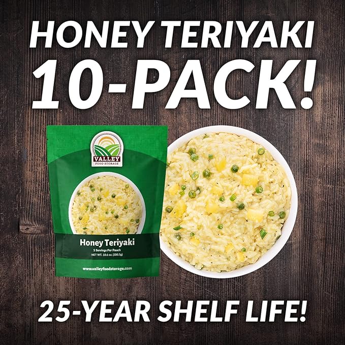 Valley Food Storage Honey Teriyaki Rice | 10-Bag Bucket, 50 Servings | Non-GMO Premium Emergency Food Supply, 25 Year Shelf Life | Survival Meal Kits, Prepper Food & Off-Grid Living Supplies, Packaged in USA