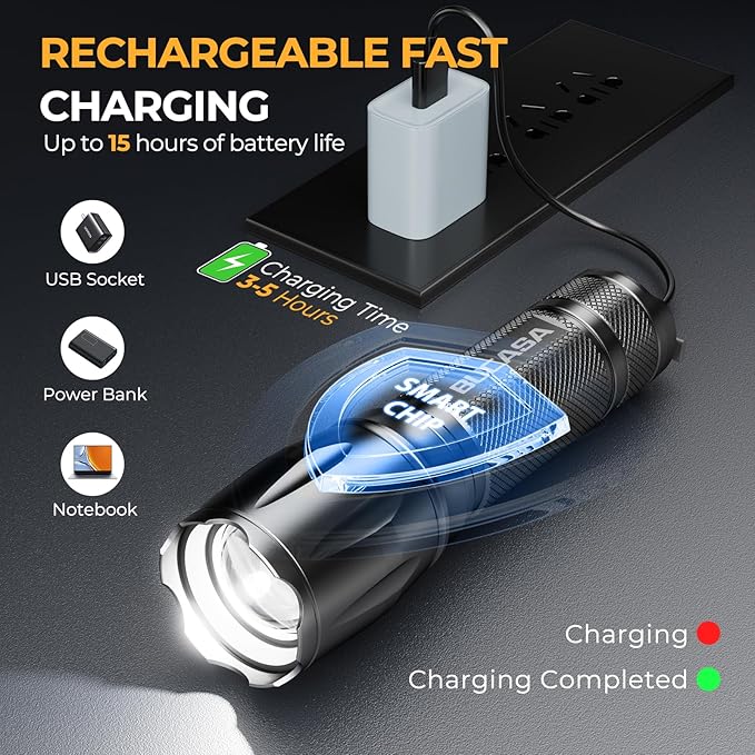 BUCASA 6 Pack Rechargeable Flashlights High Lumens, Brighter Small Flashlight Powerful Tactical Flashlights Rechargeable, Waterproof LED Flashlight with 3 Zoomable Modes for Camping Emergency