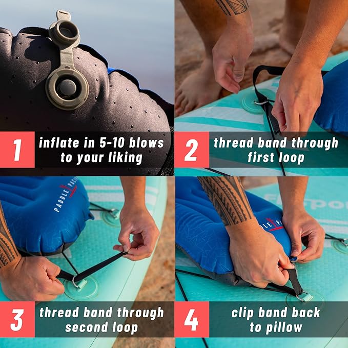Inflatable SUP Paddle Board Pillow - Waterproof Self Inflatable Compact Travel Pillow - Also Great for Camping, Airplanes, Hammocks & More - Adjustable Neck Support with Built in Anti-Slip Straps