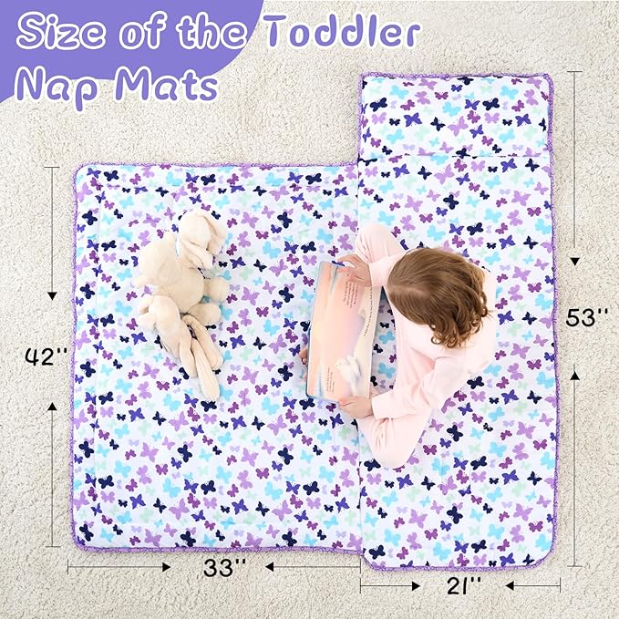 UOMNY Toddler Nap Mat Girls Kids Nap Mats with Removable Pillow and Blanket Butterfly Toddler Sleeping Bag for Preschool Daycare Purple 53x21 Inch
