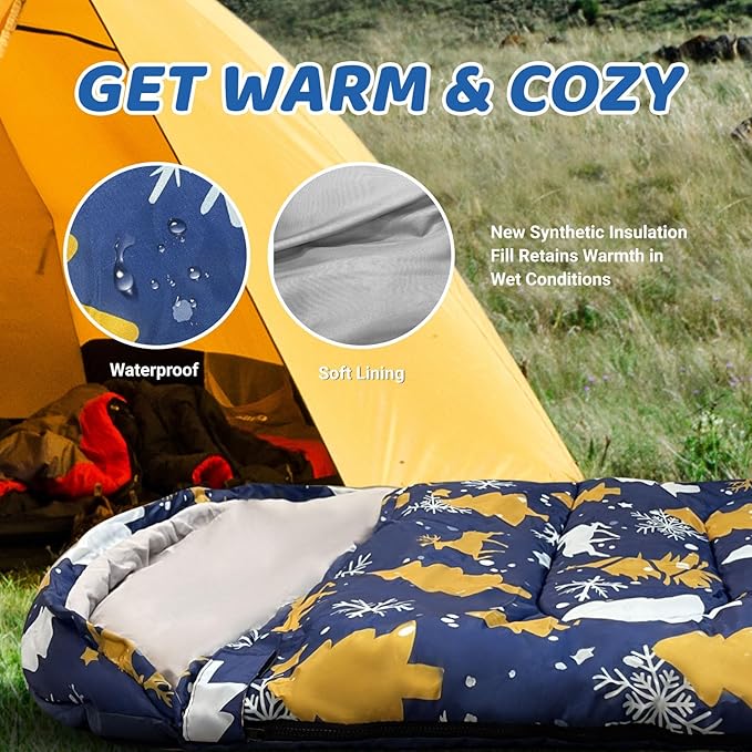 KINGROCK Sleeping Bags for Adults, Backpacking Portable Sleeping Bag, Waterproof and Warm to 23°F, Lightweight Winter Camping Essentials, Compact for Camping and Car Use (Color: Christmas)