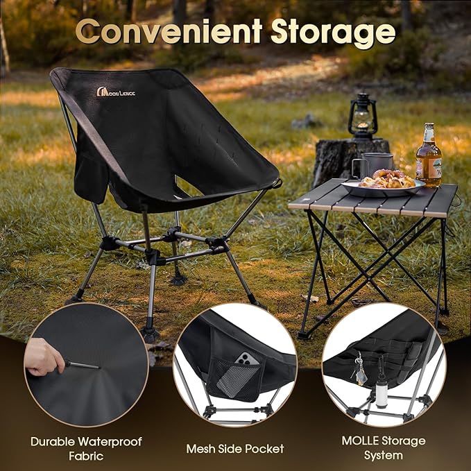 MOON LENCE Camping Chair Plus, Upgraded Comfort & Size, Still Compact and Lightweight, Folding Portable Chair for Backpacking & Hiking, 400Lbs Capacity, Gen 3 Plus (Black)