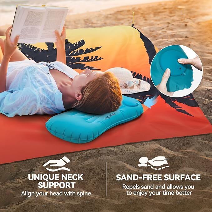 Beach Blanket, Waterproof Sandproof Beach Mat with Stakes and Inflatable Camping Pillow, 79" X 83" Quick Drying Lightweight & Durable Outdoor Picnic Mat with 4 Corner Pockets for Beach Camping