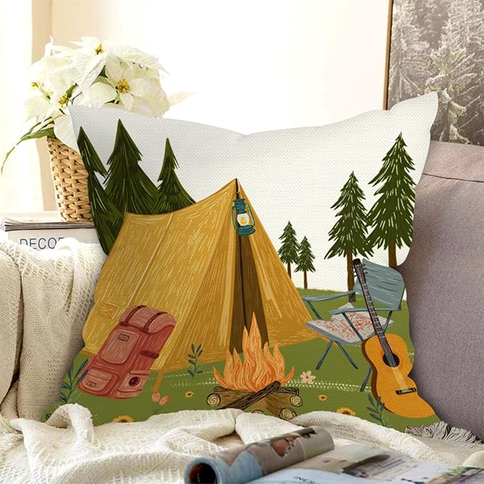 Gnome Happy Camper Camping Life Throw Pillow Covers 18x18 Inch Set of 4 Mountain Tent Campfire Cushion Covers Outdoor Decor for Couch Cushion Cases