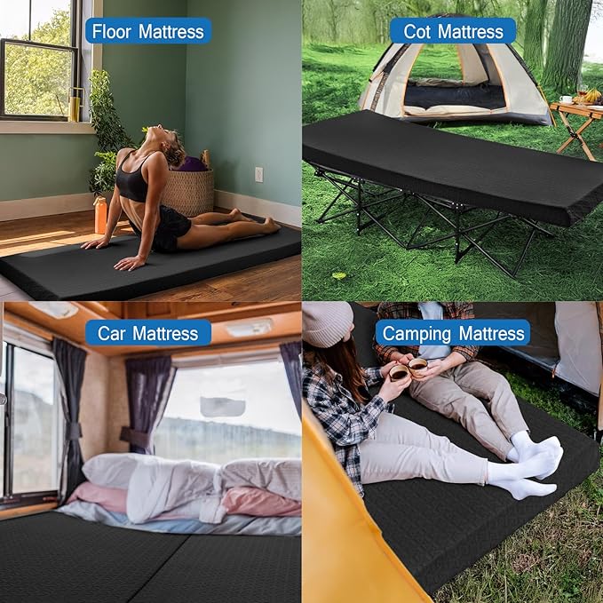 Memory Foam Camping Mattress Pad 3 Inch Thick, Portable Sleeping Pad with Waterproof Cover, Portable Roll Up Cot Mattress Pad Floor Mat for Travel Truck Bed Tent 72" x 24"x 3"
