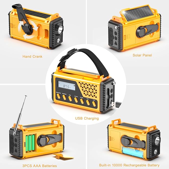 Emergency Crank Weather Radio, 10000mAh Solar Hand Crank Portable NOAA AM FM Battery Power Radio,Weather Alert with Flashlight,SOS Alarm & Reading Lamp,Survival Gifts for Home Outdoor (Orange)