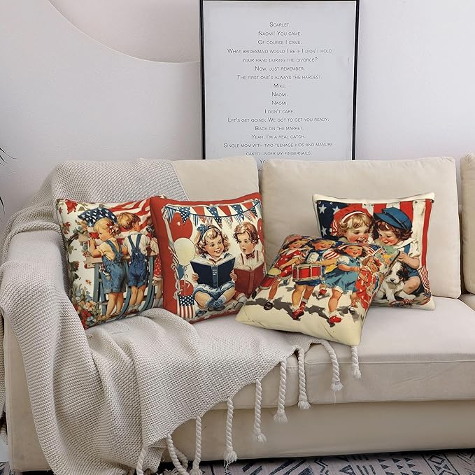 4th of July Patriotic Vintage Throw Pillow Covers 18 X 18 Inch Set of 4 Decorative Cushion Cover Home Decor for Sofa Chair Couch Bedroom Living Room