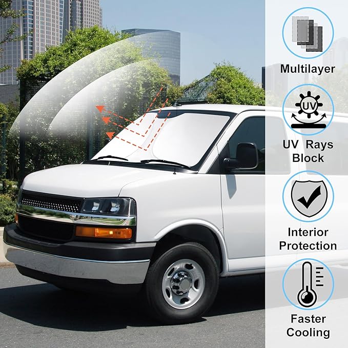 Windshield Sun Shade Custom Fit 1996-2023 2024 2025 2026 Chevrolet Express Cargo Van 1500, 3500, 4500, LS, LT Winter Accessories Front Sunshade Window Covers Protector Keeps Cool