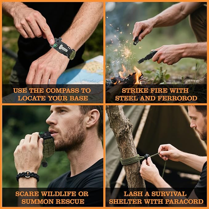 Paracord Survival Bracelet (3 Pack) - Adjustable with Fire Starter, Whistle, Compass - Survival Gear for Hiking, Camping, Fishing, Gifts for Men Dad Husband