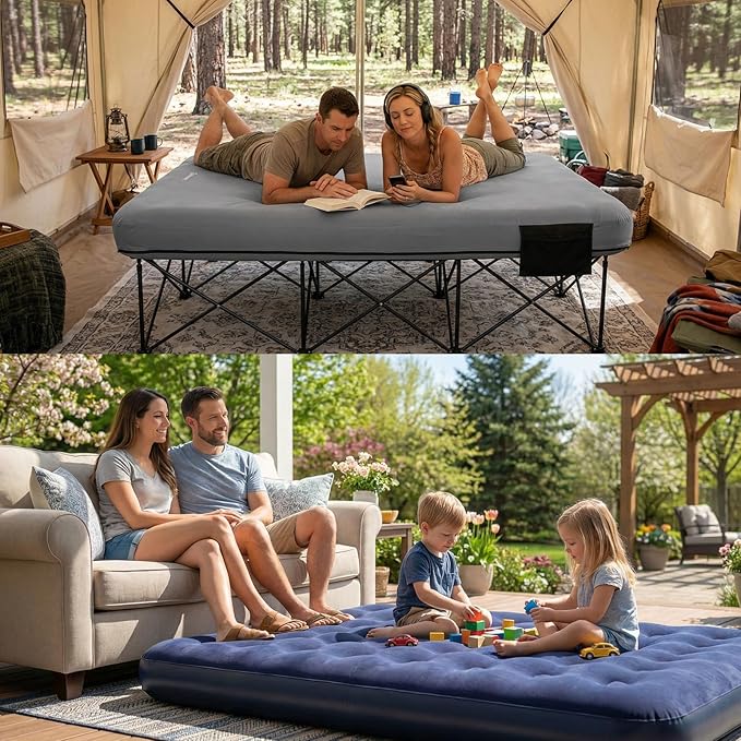 FUNDANGO Queen Camping Cot with Electric Pump, Inflatable Air Mattress Bed with Removable & Washable Cover, Folding Frame, Cup Holders, Carry Bag for Adults, Tent, Guest (80"x60")