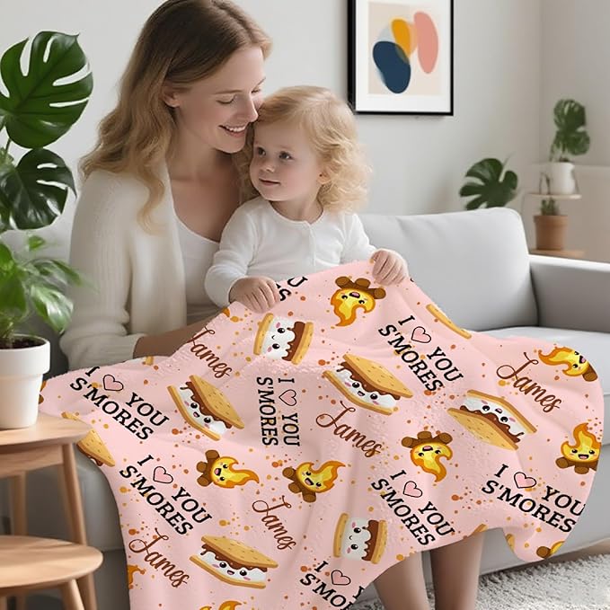 Custom S'Mores Blanket with Name | Personalized Marshmallow Blanket for Girls Boys | Ultra Soft Customized Cookie Throw for Couch/Sofa/Travel/Camping Home Decor - 50"x60"-Teens/Travel Size