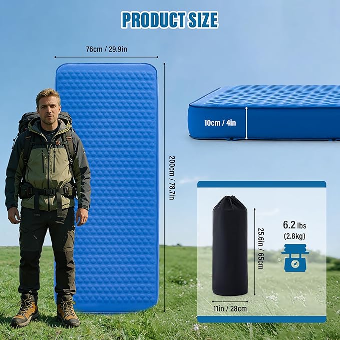 Self Inflating Sleeping Pad with Electric Pump 4 Inch Ultra Thick Memory Foam Sleeping Pad for Camping All Season Single Size Portable Automatic Inflatable Camping Mattress for Travel, Tent (Blue)