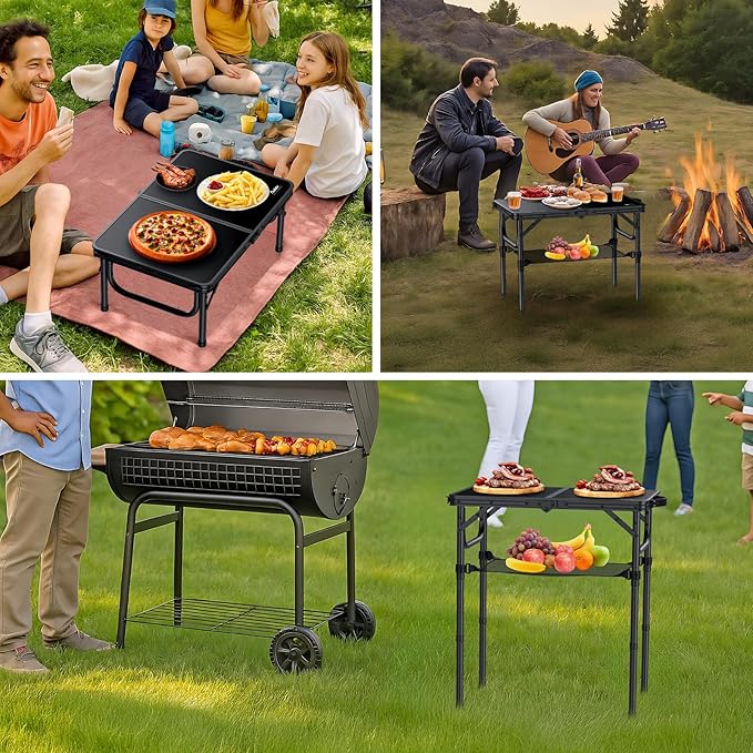 Anbte 2ft Folding Camping Table with Storage Net, 3 Adjustable Heights Small Folding Table Lightweight & Portable with Carry Handle, for Camping, Fishing, Picnic, Beach, Outdoor, 22.8" x 15.7", Black