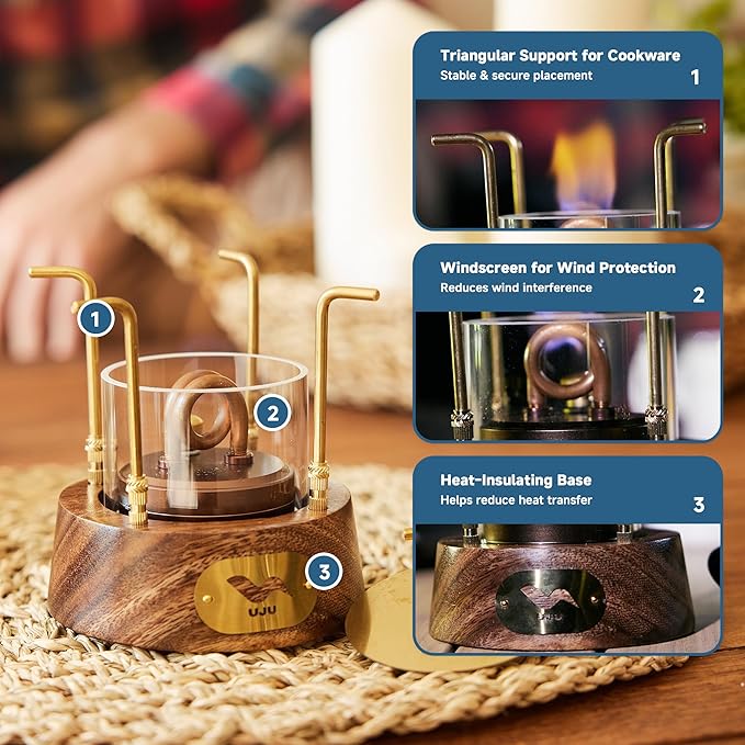 UJU Portable Alcohol Camping Stove Set with Wooden Base and Storage Bag, Wind-Resistant Outdoor Cooking Stove for Camping, Hiking and Travel