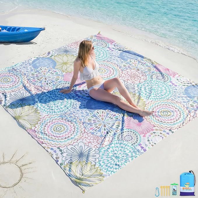 BYDOLL Beach Blanket Waterproof Sandproof Large Sand Free, 78''X81'' Oversized Sandless Lightweight Blanket Picnic Mat for Beach Travel Camping Hiking with Stakes