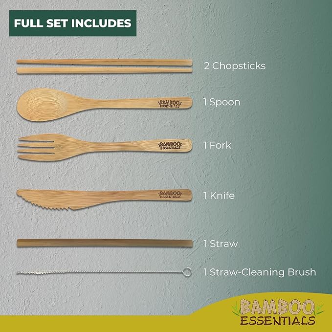Travel Utensils with Case Set Fork, Knife, Spoon, Chopsticks, Straw, Straw-cleaning brush, Travel Pouch and Carabiner, Excellent For Everyday Use! ((1Set) Sunrise Yellow)