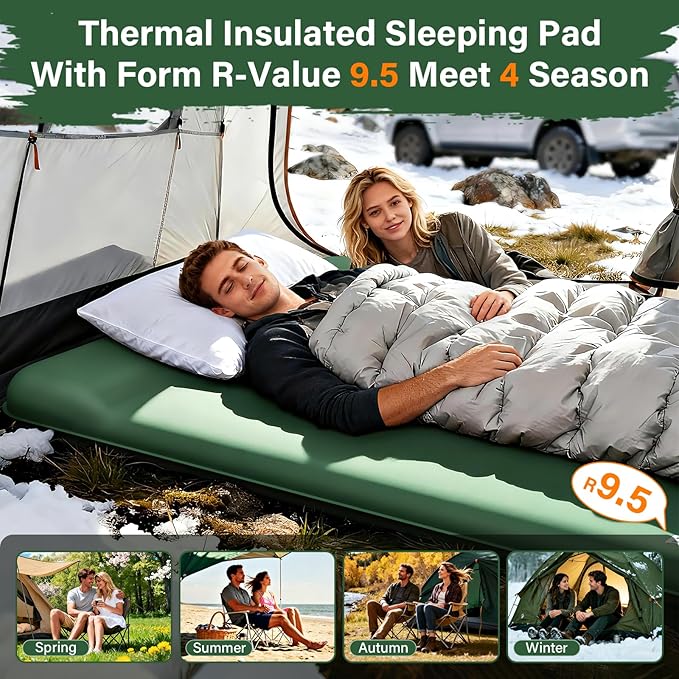 HiiPeak Double Camping Sleeping Pad with Electric Pump, 3" Thick 2 Person Self Inflating Memory Foam Mattress Pad with Pillow, Portable Sleeping Mat for Travel, Car, Tent, Full Size (Green)