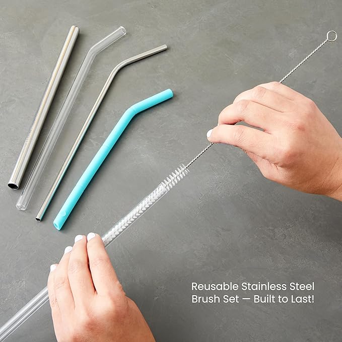 Juvale Straw Cleaner Brush - 12 In, Silver & White, 4-Pack - Stainless Steel Straw Cleaner Brush for Water Bottles & Pipes with Flexible Nylon Tip for Narrow Openings