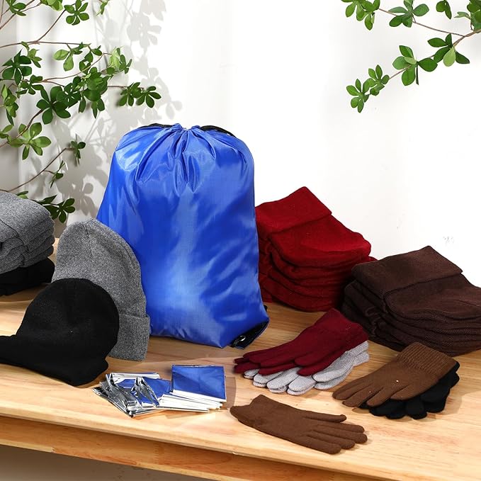 Xtinmee 96 Pcs Christmas Homeless Care Package Supplies Winter Beanies Gloves Emergency Thermal Blankets and Drawstring Bags for Men Women Outdoors Winter Homeless Donation Charity Care