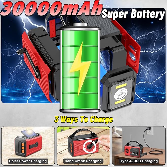 30000mAh Emergency Radio with NOAA Weather Alert, Emergency Hand Crank Weather Radio Portable AM/FM/NOAA Solar Radio with Compass SOS&Flashlight for Survival and Camping/Home (Red-30000mAh)
