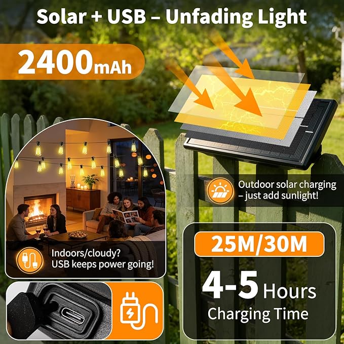 Outdoor Solar String Lights Waterproof: ST38 100ft Shatterproof Patio Lights - Solar Powered & USB Dual Charging - 3 Modes Button Control - Garden Backyard Gazebo Porch Party Decor