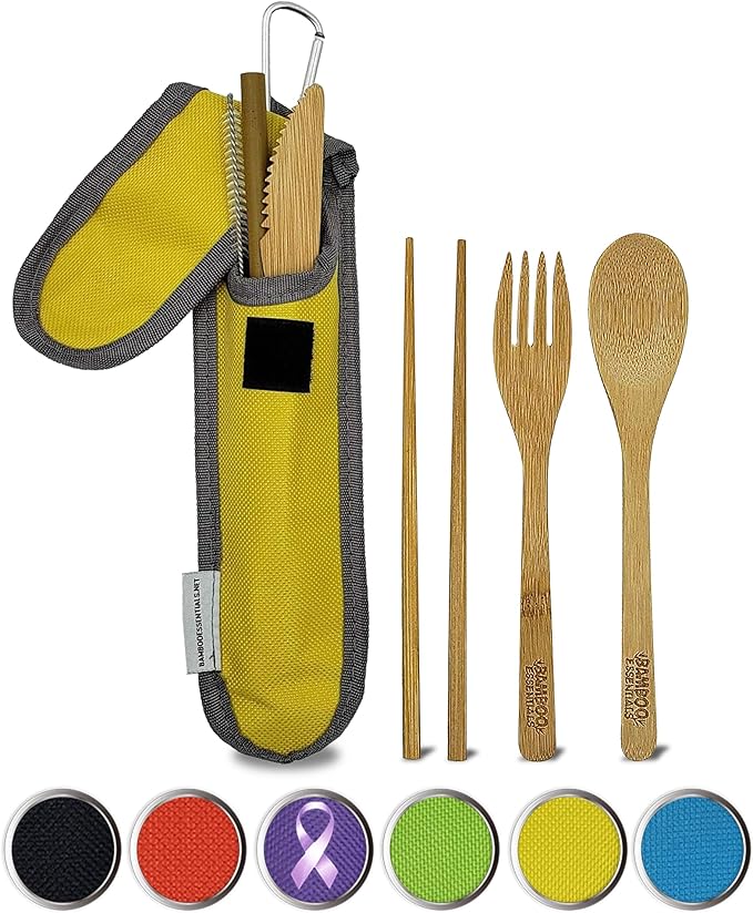 Travel Utensils with Case Set Fork, Knife, Spoon, Chopsticks, Straw, Straw-cleaning brush, Travel Pouch and Carabiner, Excellent For Everyday Use! ((1Set) Sunrise Yellow)