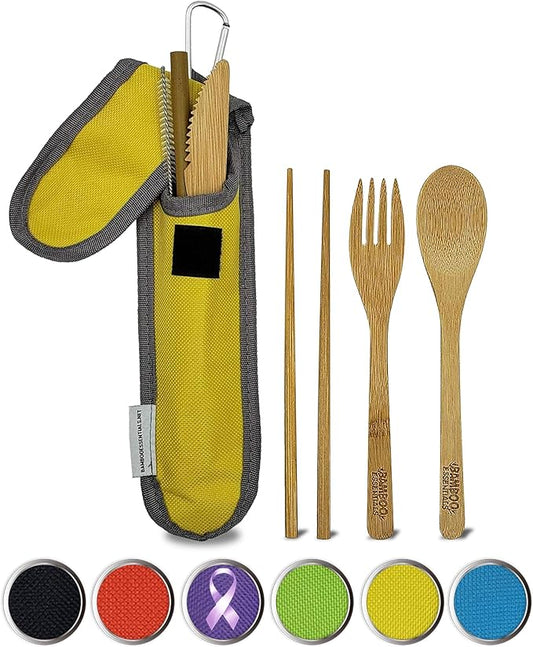 Travel Utensils with Case Set Fork, Knife, Spoon, Chopsticks, Straw, Straw-cleaning brush, Travel Pouch and Carabiner, Excellent For Everyday Use! ((1Set) Sunrise Yellow)