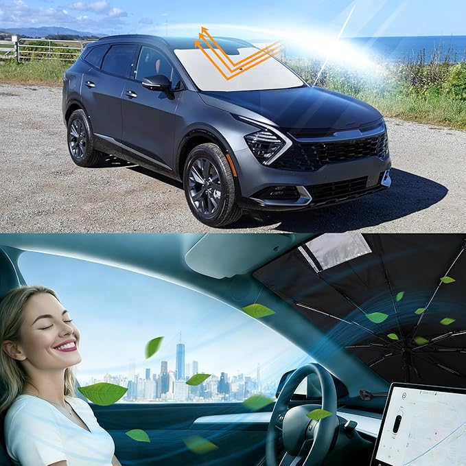 Windshield Sun Shade Umbrella Accessories Compatible with 2023-2026 Sportage for Kia Foldable Sunshade Sun Visor Blocks UV