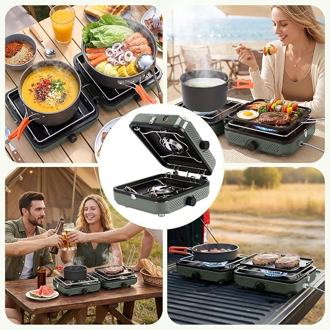Hisencn 2 Burner Propane Camping Stove, 30000 BTU Foldable Portable Gas Stove with Cookware Set & Carry Bag, Outdoor Cooking for Camping, RV, Emergency Use, Green