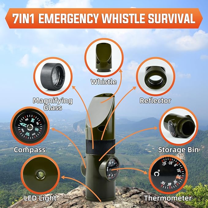 Emergency Survival Whistle, 7-in-1 Outdoor Multifunctional Tool Safety Whistle with Lanyard, Ideal for Kayaking, Boating, Hiking, Camping, Climbing, Hunting, Fishing, Rescue Signaling