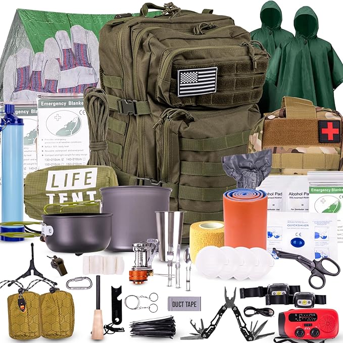 TacPreps 72-Hour Survival Kit | Emergency Bug Out Bag with First Aid, Water Filter, Food, Tools | 45L Tactical Backpack for Camping, Hiking, Outdoor Emergency Preparedness
