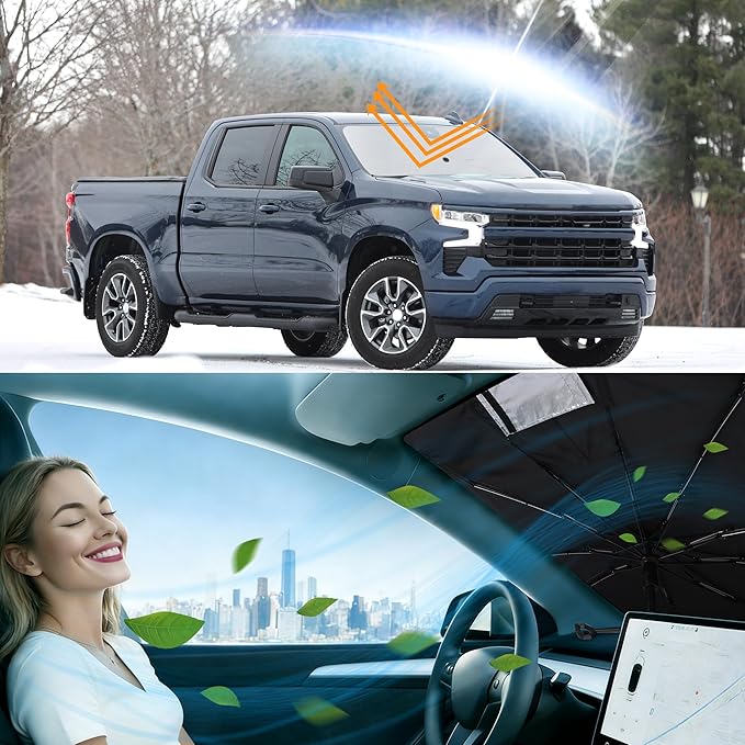 Windshield Sun Shade Umbrella Compatible with 2019-2024 2025 2026 /Chevy Silverado 1500 Accessories Regular Cab, Crew Cab, Double Cab 2Dr 4Dr Window Sunshade