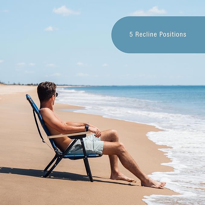 CleverMade Kove Twilight Blue Beach Camping Chair, Hands Free Carrying Strap + Real Wood Handles & 2 Cup Holders, Foldable Reclining Low Profile Collapsible Lawn Chair, Holds 300 lbs