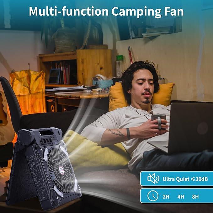 WESTTREE Solar Fan Battery Powered Rechargeable Solar Camping Fan with Led Lantern & Power Bank Foldable Angle USB Personal Fans for Travel Outdoor Camping Tents X98 Black