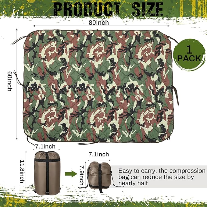 Barydat 1/2/3 Pack 80 x 60/92 x 64 Inch Woobie Blanket Military Poncho Liner Hunting Blanket Waterproof Thermal Poncho Liner with Bag Camo for Outdoor Camping Hiking