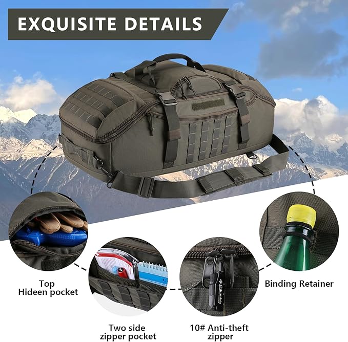 Hannibal Tactical 55L Large Duffle Bag, 3-in-1 Tactical Backpack MOLLE Pack for Sports, Gym, Outdoor, Olive Green