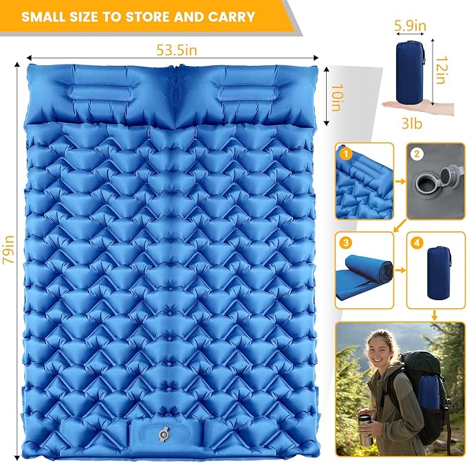 Double Sleeping Pad for Camping, 4in Extra-Thick with Built-in Foot Pump & Pillow, Compact 2 Person Ultralight Camp Air Mattress for Backpacking, Hiking, Tent, Car, Travel, Gift