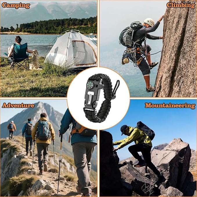 Paracord Survival Bracelet (3 Pack) - Adjustable with Fire Starter, Whistle, Compass - Survival Gear for Hiking, Camping, Fishing, Gifts for Men Dad Husband